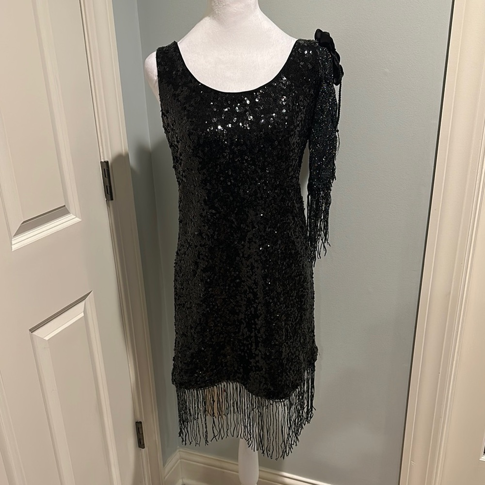 White House Black Market Elegant Black Sequin Fringe Dress